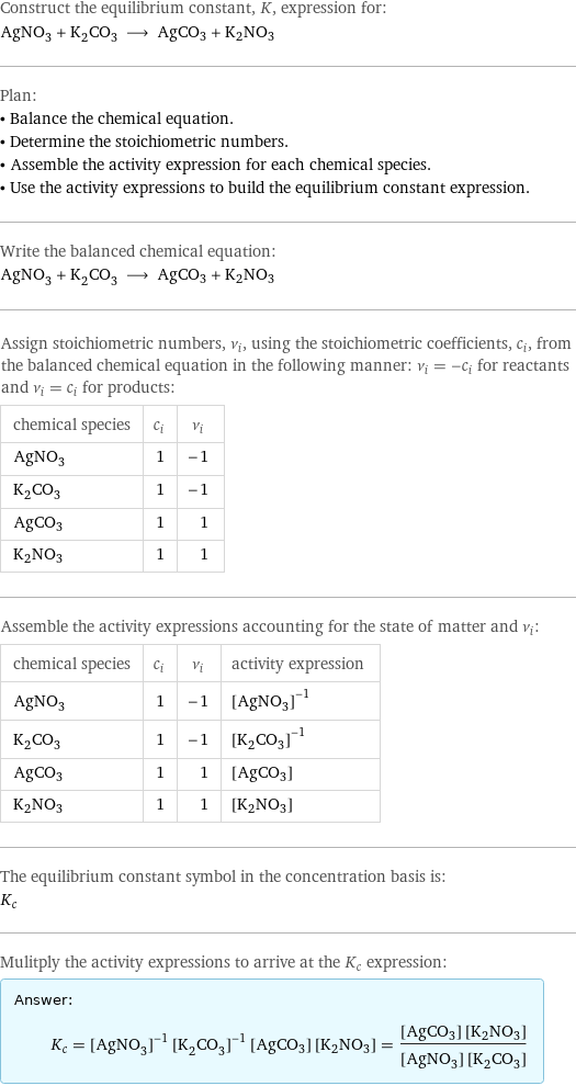 Construct the equilibrium constant, K, expression for: AgNO_3 + K_2CO_3 ⟶ AgCO3 + K2NO3 Plan: • Balance the chemical equation. • Determine the stoichiometric numbers. • Assemble the activity expression for each chemical species. • Use the activity expressions to build the equilibrium constant expression. Write the balanced chemical equation: AgNO_3 + K_2CO_3 ⟶ AgCO3 + K2NO3 Assign stoichiometric numbers, ν_i, using the stoichiometric coefficients, c_i, from the balanced chemical equation in the following manner: ν_i = -c_i for reactants and ν_i = c_i for products: chemical species | c_i | ν_i AgNO_3 | 1 | -1 K_2CO_3 | 1 | -1 AgCO3 | 1 | 1 K2NO3 | 1 | 1 Assemble the activity expressions accounting for the state of matter and ν_i: chemical species | c_i | ν_i | activity expression AgNO_3 | 1 | -1 | ([AgNO3])^(-1) K_2CO_3 | 1 | -1 | ([K2CO3])^(-1) AgCO3 | 1 | 1 | [AgCO3] K2NO3 | 1 | 1 | [K2NO3] The equilibrium constant symbol in the concentration basis is: K_c Mulitply the activity expressions to arrive at the K_c expression: Answer: |   | K_c = ([AgNO3])^(-1) ([K2CO3])^(-1) [AgCO3] [K2NO3] = ([AgCO3] [K2NO3])/([AgNO3] [K2CO3])