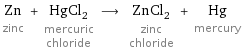 Zn zinc + HgCl_2 mercuric chloride ⟶ ZnCl_2 zinc chloride + Hg mercury