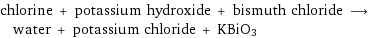 chlorine + potassium hydroxide + bismuth chloride ⟶ water + potassium chloride + KBiO3