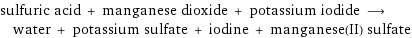sulfuric acid + manganese dioxide + potassium iodide ⟶ water + potassium sulfate + iodine + manganese(II) sulfate