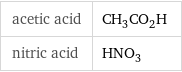 acetic acid | CH_3CO_2H nitric acid | HNO_3