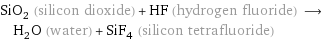 SiO_2 (silicon dioxide) + HF (hydrogen fluoride) ⟶ H_2O (water) + SiF_4 (silicon tetrafluoride)