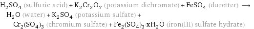 H_2SO_4 (sulfuric acid) + K_2Cr_2O_7 (potassium dichromate) + FeSO_4 (duretter) ⟶ H_2O (water) + K_2SO_4 (potassium sulfate) + Cr_2(SO_4)_3 (chromium sulfate) + Fe_2(SO_4)_3·xH_2O (iron(III) sulfate hydrate)