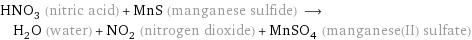 HNO_3 (nitric acid) + MnS (manganese sulfide) ⟶ H_2O (water) + NO_2 (nitrogen dioxide) + MnSO_4 (manganese(II) sulfate)
