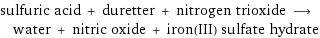 sulfuric acid + duretter + nitrogen trioxide ⟶ water + nitric oxide + iron(III) sulfate hydrate