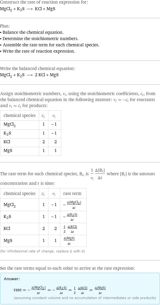 Construct the rate of reaction expression for: MgCl_2 + K2S ⟶ KCl + MgS Plan: • Balance the chemical equation. • Determine the stoichiometric numbers. • Assemble the rate term for each chemical species. • Write the rate of reaction expression. Write the balanced chemical equation: MgCl_2 + K2S ⟶ 2 KCl + MgS Assign stoichiometric numbers, ν_i, using the stoichiometric coefficients, c_i, from the balanced chemical equation in the following manner: ν_i = -c_i for reactants and ν_i = c_i for products: chemical species | c_i | ν_i MgCl_2 | 1 | -1 K2S | 1 | -1 KCl | 2 | 2 MgS | 1 | 1 The rate term for each chemical species, B_i, is 1/ν_i(Δ[B_i])/(Δt) where [B_i] is the amount concentration and t is time: chemical species | c_i | ν_i | rate term MgCl_2 | 1 | -1 | -(Δ[MgCl2])/(Δt) K2S | 1 | -1 | -(Δ[K2S])/(Δt) KCl | 2 | 2 | 1/2 (Δ[KCl])/(Δt) MgS | 1 | 1 | (Δ[MgS])/(Δt) (for infinitesimal rate of change, replace Δ with d) Set the rate terms equal to each other to arrive at the rate expression: Answer: |   | rate = -(Δ[MgCl2])/(Δt) = -(Δ[K2S])/(Δt) = 1/2 (Δ[KCl])/(Δt) = (Δ[MgS])/(Δt) (assuming constant volume and no accumulation of intermediates or side products)