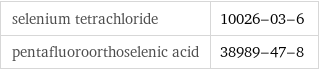 selenium tetrachloride | 10026-03-6 pentafluoroorthoselenic acid | 38989-47-8