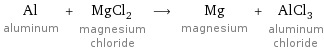 Al aluminum + MgCl_2 magnesium chloride ⟶ Mg magnesium + AlCl_3 aluminum chloride