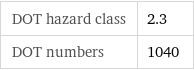 DOT hazard class | 2.3 DOT numbers | 1040