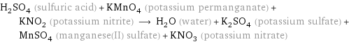 H_2SO_4 (sulfuric acid) + KMnO_4 (potassium permanganate) + KNO_2 (potassium nitrite) ⟶ H_2O (water) + K_2SO_4 (potassium sulfate) + MnSO_4 (manganese(II) sulfate) + KNO_3 (potassium nitrate)