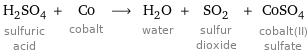 H_2SO_4 sulfuric acid + Co cobalt ⟶ H_2O water + SO_2 sulfur dioxide + CoSO_4 cobalt(II) sulfate