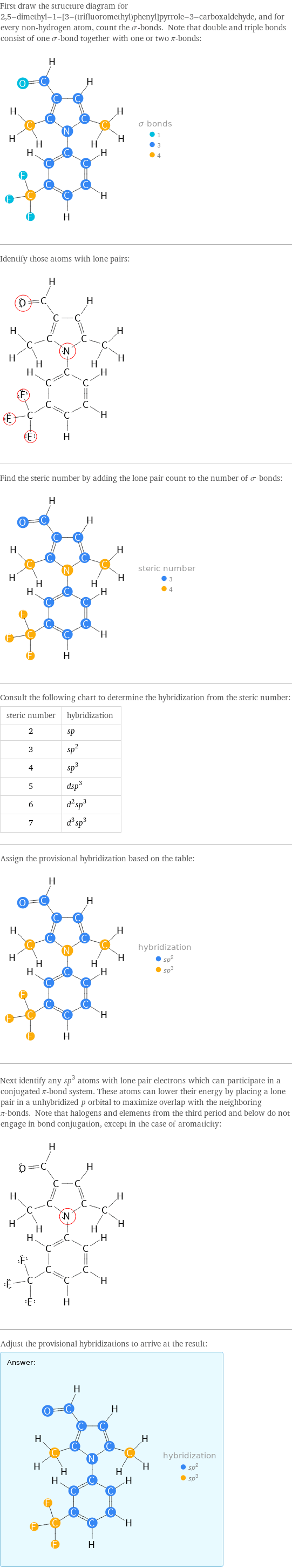 First draw the structure diagram for 2, 5-dimethyl-1-[3-(trifluoromethyl)phenyl]pyrrole-3-carboxaldehyde, and for every non-hydrogen atom, count the σ-bonds. Note that double and triple bonds consist of one σ-bond together with one or two π-bonds:  Identify those atoms with lone pairs:  Find the steric number by adding the lone pair count to the number of σ-bonds:  Consult the following chart to determine the hybridization from the steric number: steric number | hybridization 2 | sp 3 | sp^2 4 | sp^3 5 | dsp^3 6 | d^2sp^3 7 | d^3sp^3 Assign the provisional hybridization based on the table:  Next identify any sp^3 atoms with lone pair electrons which can participate in a conjugated π-bond system. These atoms can lower their energy by placing a lone pair in a unhybridized p orbital to maximize overlap with the neighboring π-bonds. Note that halogens and elements from the third period and below do not engage in bond conjugation, except in the case of aromaticity:  Adjust the provisional hybridizations to arrive at the result: Answer: |   | 