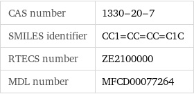 CAS number | 1330-20-7 SMILES identifier | CC1=CC=CC=C1C RTECS number | ZE2100000 MDL number | MFCD00077264