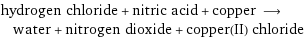 hydrogen chloride + nitric acid + copper ⟶ water + nitrogen dioxide + copper(II) chloride