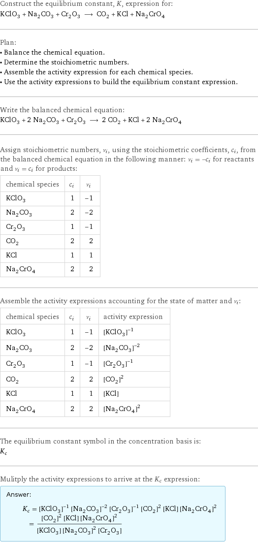 Construct the equilibrium constant, K, expression for: KClO_3 + Na_2CO_3 + Cr_2O_3 ⟶ CO_2 + KCl + Na_2CrO_4 Plan: • Balance the chemical equation. • Determine the stoichiometric numbers. • Assemble the activity expression for each chemical species. • Use the activity expressions to build the equilibrium constant expression. Write the balanced chemical equation: KClO_3 + 2 Na_2CO_3 + Cr_2O_3 ⟶ 2 CO_2 + KCl + 2 Na_2CrO_4 Assign stoichiometric numbers, ν_i, using the stoichiometric coefficients, c_i, from the balanced chemical equation in the following manner: ν_i = -c_i for reactants and ν_i = c_i for products: chemical species | c_i | ν_i KClO_3 | 1 | -1 Na_2CO_3 | 2 | -2 Cr_2O_3 | 1 | -1 CO_2 | 2 | 2 KCl | 1 | 1 Na_2CrO_4 | 2 | 2 Assemble the activity expressions accounting for the state of matter and ν_i: chemical species | c_i | ν_i | activity expression KClO_3 | 1 | -1 | ([KClO3])^(-1) Na_2CO_3 | 2 | -2 | ([Na2CO3])^(-2) Cr_2O_3 | 1 | -1 | ([Cr2O3])^(-1) CO_2 | 2 | 2 | ([CO2])^2 KCl | 1 | 1 | [KCl] Na_2CrO_4 | 2 | 2 | ([Na2CrO4])^2 The equilibrium constant symbol in the concentration basis is: K_c Mulitply the activity expressions to arrive at the K_c expression: Answer: |   | K_c = ([KClO3])^(-1) ([Na2CO3])^(-2) ([Cr2O3])^(-1) ([CO2])^2 [KCl] ([Na2CrO4])^2 = (([CO2])^2 [KCl] ([Na2CrO4])^2)/([KClO3] ([Na2CO3])^2 [Cr2O3])