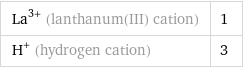 La^(3+) (lanthanum(III) cation) | 1 H^+ (hydrogen cation) | 3