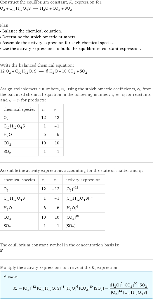 Construct the equilibrium constant, K, expression for: O_2 + C_10H_12O_4S ⟶ H_2O + CO_2 + SO_2 Plan: • Balance the chemical equation. • Determine the stoichiometric numbers. • Assemble the activity expression for each chemical species. • Use the activity expressions to build the equilibrium constant expression. Write the balanced chemical equation: 12 O_2 + C_10H_12O_4S ⟶ 6 H_2O + 10 CO_2 + SO_2 Assign stoichiometric numbers, ν_i, using the stoichiometric coefficients, c_i, from the balanced chemical equation in the following manner: ν_i = -c_i for reactants and ν_i = c_i for products: chemical species | c_i | ν_i O_2 | 12 | -12 C_10H_12O_4S | 1 | -1 H_2O | 6 | 6 CO_2 | 10 | 10 SO_2 | 1 | 1 Assemble the activity expressions accounting for the state of matter and ν_i: chemical species | c_i | ν_i | activity expression O_2 | 12 | -12 | ([O2])^(-12) C_10H_12O_4S | 1 | -1 | ([C10H12O4S])^(-1) H_2O | 6 | 6 | ([H2O])^6 CO_2 | 10 | 10 | ([CO2])^10 SO_2 | 1 | 1 | [SO2] The equilibrium constant symbol in the concentration basis is: K_c Mulitply the activity expressions to arrive at the K_c expression: Answer: |   | K_c = ([O2])^(-12) ([C10H12O4S])^(-1) ([H2O])^6 ([CO2])^10 [SO2] = (([H2O])^6 ([CO2])^10 [SO2])/(([O2])^12 [C10H12O4S])