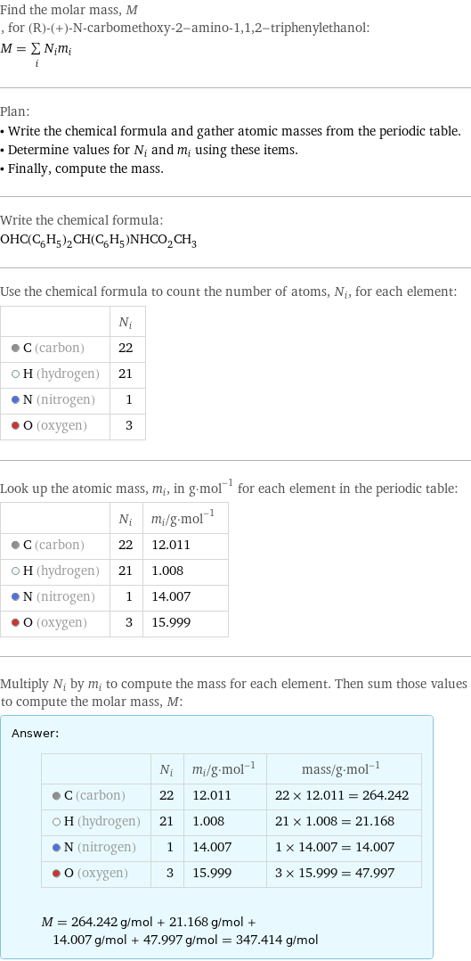 Find the molar mass, M, for (R)-(+)-N-carbomethoxy-2-amino-1, 1, 2-triphenylethanol: M = sum _iN_im_i Plan: • Write the chemical formula and gather atomic masses from the periodic table. • Determine values for N_i and m_i using these items. • Finally, compute the mass. Write the chemical formula: OHC(C_6H_5)_2CH(C_6H_5)NHCO_2CH_3 Use the chemical formula to count the number of atoms, N_i, for each element:  | N_i  C (carbon) | 22  H (hydrogen) | 21  N (nitrogen) | 1  O (oxygen) | 3 Look up the atomic mass, m_i, in g·mol^(-1) for each element in the periodic table:  | N_i | m_i/g·mol^(-1)  C (carbon) | 22 | 12.011  H (hydrogen) | 21 | 1.008  N (nitrogen) | 1 | 14.007  O (oxygen) | 3 | 15.999 Multiply N_i by m_i to compute the mass for each element. Then sum those values to compute the molar mass, M: Answer: |   | | N_i | m_i/g·mol^(-1) | mass/g·mol^(-1)  C (carbon) | 22 | 12.011 | 22 × 12.011 = 264.242  H (hydrogen) | 21 | 1.008 | 21 × 1.008 = 21.168  N (nitrogen) | 1 | 14.007 | 1 × 14.007 = 14.007  O (oxygen) | 3 | 15.999 | 3 × 15.999 = 47.997  M = 264.242 g/mol + 21.168 g/mol + 14.007 g/mol + 47.997 g/mol = 347.414 g/mol