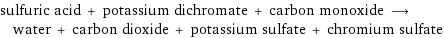 sulfuric acid + potassium dichromate + carbon monoxide ⟶ water + carbon dioxide + potassium sulfate + chromium sulfate