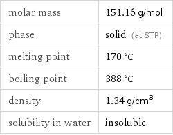 molar mass | 151.16 g/mol phase | solid (at STP) melting point | 170 °C boiling point | 388 °C density | 1.34 g/cm^3 solubility in water | insoluble