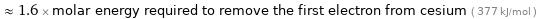  ≈ 1.6 × molar energy required to remove the first electron from cesium ( 377 kJ/mol )