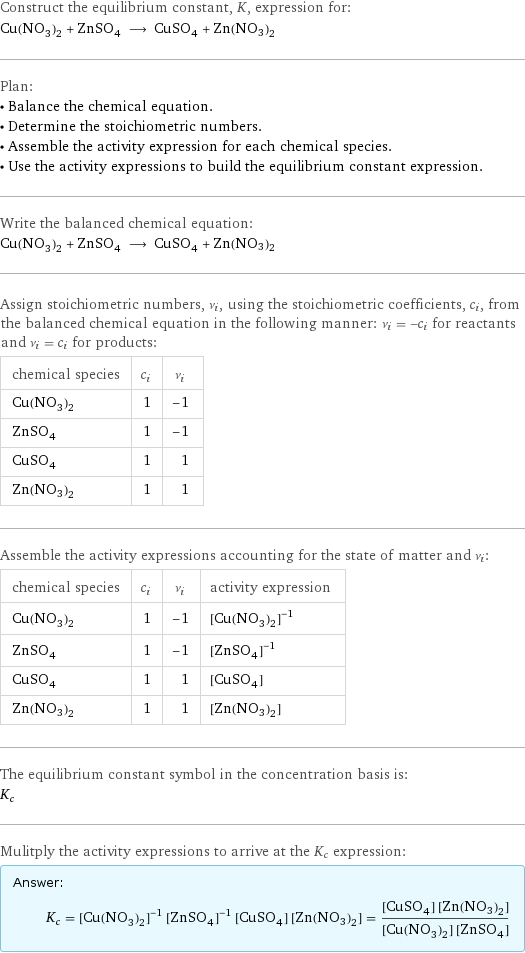 Construct the equilibrium constant, K, expression for: Cu(NO_3)_2 + ZnSO_4 ⟶ CuSO_4 + Zn(NO3)2 Plan: • Balance the chemical equation. • Determine the stoichiometric numbers. • Assemble the activity expression for each chemical species. • Use the activity expressions to build the equilibrium constant expression. Write the balanced chemical equation: Cu(NO_3)_2 + ZnSO_4 ⟶ CuSO_4 + Zn(NO3)2 Assign stoichiometric numbers, ν_i, using the stoichiometric coefficients, c_i, from the balanced chemical equation in the following manner: ν_i = -c_i for reactants and ν_i = c_i for products: chemical species | c_i | ν_i Cu(NO_3)_2 | 1 | -1 ZnSO_4 | 1 | -1 CuSO_4 | 1 | 1 Zn(NO3)2 | 1 | 1 Assemble the activity expressions accounting for the state of matter and ν_i: chemical species | c_i | ν_i | activity expression Cu(NO_3)_2 | 1 | -1 | ([Cu(NO3)2])^(-1) ZnSO_4 | 1 | -1 | ([ZnSO4])^(-1) CuSO_4 | 1 | 1 | [CuSO4] Zn(NO3)2 | 1 | 1 | [Zn(NO3)2] The equilibrium constant symbol in the concentration basis is: K_c Mulitply the activity expressions to arrive at the K_c expression: Answer: |   | K_c = ([Cu(NO3)2])^(-1) ([ZnSO4])^(-1) [CuSO4] [Zn(NO3)2] = ([CuSO4] [Zn(NO3)2])/([Cu(NO3)2] [ZnSO4])