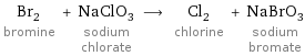 Br_2 bromine + NaClO_3 sodium chlorate ⟶ Cl_2 chlorine + NaBrO_3 sodium bromate