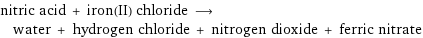 nitric acid + iron(II) chloride ⟶ water + hydrogen chloride + nitrogen dioxide + ferric nitrate