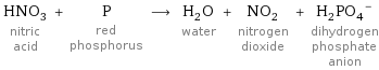 HNO_3 nitric acid + P red phosphorus ⟶ H_2O water + NO_2 nitrogen dioxide + (H_2PO_4)^- dihydrogen phosphate anion