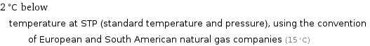 2 °C below temperature at STP (standard temperature and pressure), using the convention of European and South American natural gas companies (15 °C)