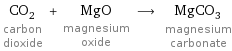 CO_2 carbon dioxide + MgO magnesium oxide ⟶ MgCO_3 magnesium carbonate