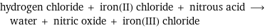 hydrogen chloride + iron(II) chloride + nitrous acid ⟶ water + nitric oxide + iron(III) chloride