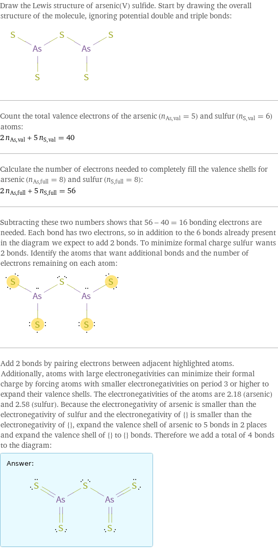 Draw the Lewis structure of arsenic(V) sulfide. Start by drawing the overall structure of the molecule, ignoring potential double and triple bonds:  Count the total valence electrons of the arsenic (n_As, val = 5) and sulfur (n_S, val = 6) atoms: 2 n_As, val + 5 n_S, val = 40 Calculate the number of electrons needed to completely fill the valence shells for arsenic (n_As, full = 8) and sulfur (n_S, full = 8): 2 n_As, full + 5 n_S, full = 56 Subtracting these two numbers shows that 56 - 40 = 16 bonding electrons are needed. Each bond has two electrons, so in addition to the 6 bonds already present in the diagram we expect to add 2 bonds. To minimize formal charge sulfur wants 2 bonds. Identify the atoms that want additional bonds and the number of electrons remaining on each atom:  Add 2 bonds by pairing electrons between adjacent highlighted atoms. Additionally, atoms with large electronegativities can minimize their formal charge by forcing atoms with smaller electronegativities on period 3 or higher to expand their valence shells. The electronegativities of the atoms are 2.18 (arsenic) and 2.58 (sulfur). Because the electronegativity of arsenic is smaller than the electronegativity of sulfur and the electronegativity of {} is smaller than the electronegativity of {}, expand the valence shell of arsenic to 5 bonds in 2 places and expand the valence shell of {} to {} bonds. Therefore we add a total of 4 bonds to the diagram: Answer: |   | 