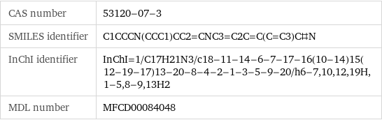 CAS number | 53120-07-3 SMILES identifier | C1CCCN(CCC1)CC2=CNC3=C2C=C(C=C3)C#N InChI identifier | InChI=1/C17H21N3/c18-11-14-6-7-17-16(10-14)15(12-19-17)13-20-8-4-2-1-3-5-9-20/h6-7, 10, 12, 19H, 1-5, 8-9, 13H2 MDL number | MFCD00084048