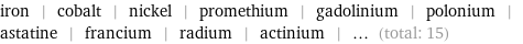 iron | cobalt | nickel | promethium | gadolinium | polonium | astatine | francium | radium | actinium | ... (total: 15)