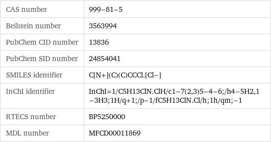 CAS number | 999-81-5 Beilstein number | 3563994 PubChem CID number | 13836 PubChem SID number | 24854041 SMILES identifier | C[N+](C)(C)CCCl.[Cl-] InChI identifier | InChI=1/C5H13ClN.ClH/c1-7(2, 3)5-4-6;/h4-5H2, 1-3H3;1H/q+1;/p-1/fC5H13ClN.Cl/h;1h/qm;-1 RTECS number | BP5250000 MDL number | MFCD00011869