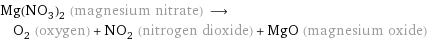 Mg(NO_3)_2 (magnesium nitrate) ⟶ O_2 (oxygen) + NO_2 (nitrogen dioxide) + MgO (magnesium oxide)