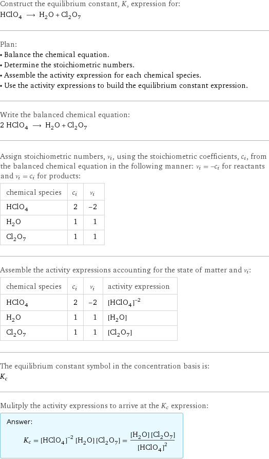 Construct the equilibrium constant, K, expression for: HClO_4 ⟶ H_2O + Cl_2O_7 Plan: • Balance the chemical equation. • Determine the stoichiometric numbers. • Assemble the activity expression for each chemical species. • Use the activity expressions to build the equilibrium constant expression. Write the balanced chemical equation: 2 HClO_4 ⟶ H_2O + Cl_2O_7 Assign stoichiometric numbers, ν_i, using the stoichiometric coefficients, c_i, from the balanced chemical equation in the following manner: ν_i = -c_i for reactants and ν_i = c_i for products: chemical species | c_i | ν_i HClO_4 | 2 | -2 H_2O | 1 | 1 Cl_2O_7 | 1 | 1 Assemble the activity expressions accounting for the state of matter and ν_i: chemical species | c_i | ν_i | activity expression HClO_4 | 2 | -2 | ([HClO4])^(-2) H_2O | 1 | 1 | [H2O] Cl_2O_7 | 1 | 1 | [Cl2O7] The equilibrium constant symbol in the concentration basis is: K_c Mulitply the activity expressions to arrive at the K_c expression: Answer: |   | K_c = ([HClO4])^(-2) [H2O] [Cl2O7] = ([H2O] [Cl2O7])/([HClO4])^2