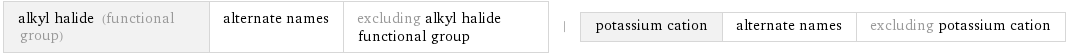 alkyl halide (functional group) | alternate names | excluding alkyl halide functional group | potassium cation | alternate names | excluding potassium cation