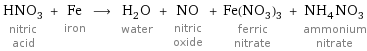 HNO_3 nitric acid + Fe iron ⟶ H_2O water + NO nitric oxide + Fe(NO_3)_3 ferric nitrate + NH_4NO_3 ammonium nitrate