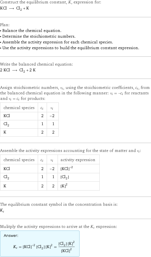 Construct the equilibrium constant, K, expression for: KCl ⟶ Cl_2 + K Plan: • Balance the chemical equation. • Determine the stoichiometric numbers. • Assemble the activity expression for each chemical species. • Use the activity expressions to build the equilibrium constant expression. Write the balanced chemical equation: 2 KCl ⟶ Cl_2 + 2 K Assign stoichiometric numbers, ν_i, using the stoichiometric coefficients, c_i, from the balanced chemical equation in the following manner: ν_i = -c_i for reactants and ν_i = c_i for products: chemical species | c_i | ν_i KCl | 2 | -2 Cl_2 | 1 | 1 K | 2 | 2 Assemble the activity expressions accounting for the state of matter and ν_i: chemical species | c_i | ν_i | activity expression KCl | 2 | -2 | ([KCl])^(-2) Cl_2 | 1 | 1 | [Cl2] K | 2 | 2 | ([K])^2 The equilibrium constant symbol in the concentration basis is: K_c Mulitply the activity expressions to arrive at the K_c expression: Answer: |   | K_c = ([KCl])^(-2) [Cl2] ([K])^2 = ([Cl2] ([K])^2)/([KCl])^2