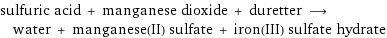 sulfuric acid + manganese dioxide + duretter ⟶ water + manganese(II) sulfate + iron(III) sulfate hydrate