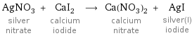 AgNO_3 silver nitrate + CaI_2 calcium iodide ⟶ Ca(NO_3)_2 calcium nitrate + AgI silver(I) iodide