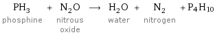PH_3 phosphine + N_2O nitrous oxide ⟶ H_2O water + N_2 nitrogen + P4H10