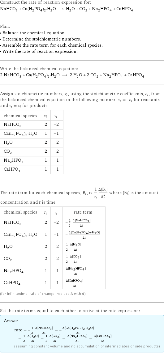 Construct the rate of reaction expression for: NaHCO_3 + Ca(H_2PO_4)_2·H_2O ⟶ H_2O + CO_2 + Na_2HPO_4 + CaHPO_4 Plan: • Balance the chemical equation. • Determine the stoichiometric numbers. • Assemble the rate term for each chemical species. • Write the rate of reaction expression. Write the balanced chemical equation: 2 NaHCO_3 + Ca(H_2PO_4)_2·H_2O ⟶ 2 H_2O + 2 CO_2 + Na_2HPO_4 + CaHPO_4 Assign stoichiometric numbers, ν_i, using the stoichiometric coefficients, c_i, from the balanced chemical equation in the following manner: ν_i = -c_i for reactants and ν_i = c_i for products: chemical species | c_i | ν_i NaHCO_3 | 2 | -2 Ca(H_2PO_4)_2·H_2O | 1 | -1 H_2O | 2 | 2 CO_2 | 2 | 2 Na_2HPO_4 | 1 | 1 CaHPO_4 | 1 | 1 The rate term for each chemical species, B_i, is 1/ν_i(Δ[B_i])/(Δt) where [B_i] is the amount concentration and t is time: chemical species | c_i | ν_i | rate term NaHCO_3 | 2 | -2 | -1/2 (Δ[NaHCO3])/(Δt) Ca(H_2PO_4)_2·H_2O | 1 | -1 | -(Δ[Ca(H2PO4)2·H2O])/(Δt) H_2O | 2 | 2 | 1/2 (Δ[H2O])/(Δt) CO_2 | 2 | 2 | 1/2 (Δ[CO2])/(Δt) Na_2HPO_4 | 1 | 1 | (Δ[Na2HPO4])/(Δt) CaHPO_4 | 1 | 1 | (Δ[CaHPO4])/(Δt) (for infinitesimal rate of change, replace Δ with d) Set the rate terms equal to each other to arrive at the rate expression: Answer: |   | rate = -1/2 (Δ[NaHCO3])/(Δt) = -(Δ[Ca(H2PO4)2·H2O])/(Δt) = 1/2 (Δ[H2O])/(Δt) = 1/2 (Δ[CO2])/(Δt) = (Δ[Na2HPO4])/(Δt) = (Δ[CaHPO4])/(Δt) (assuming constant volume and no accumulation of intermediates or side products)