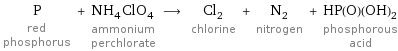 P red phosphorus + NH_4ClO_4 ammonium perchlorate ⟶ Cl_2 chlorine + N_2 nitrogen + HP(O)(OH)_2 phosphorous acid