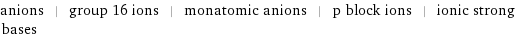 anions | group 16 ions | monatomic anions | p block ions | ionic strong bases