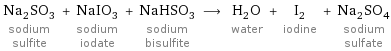 Na_2SO_3 sodium sulfite + NaIO_3 sodium iodate + NaHSO_3 sodium bisulfite ⟶ H_2O water + I_2 iodine + Na_2SO_4 sodium sulfate