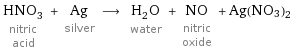 HNO_3 nitric acid + Ag silver ⟶ H_2O water + NO nitric oxide + Ag(NO3)2