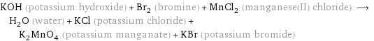 KOH (potassium hydroxide) + Br_2 (bromine) + MnCl_2 (manganese(II) chloride) ⟶ H_2O (water) + KCl (potassium chloride) + K_2MnO_4 (potassium manganate) + KBr (potassium bromide)